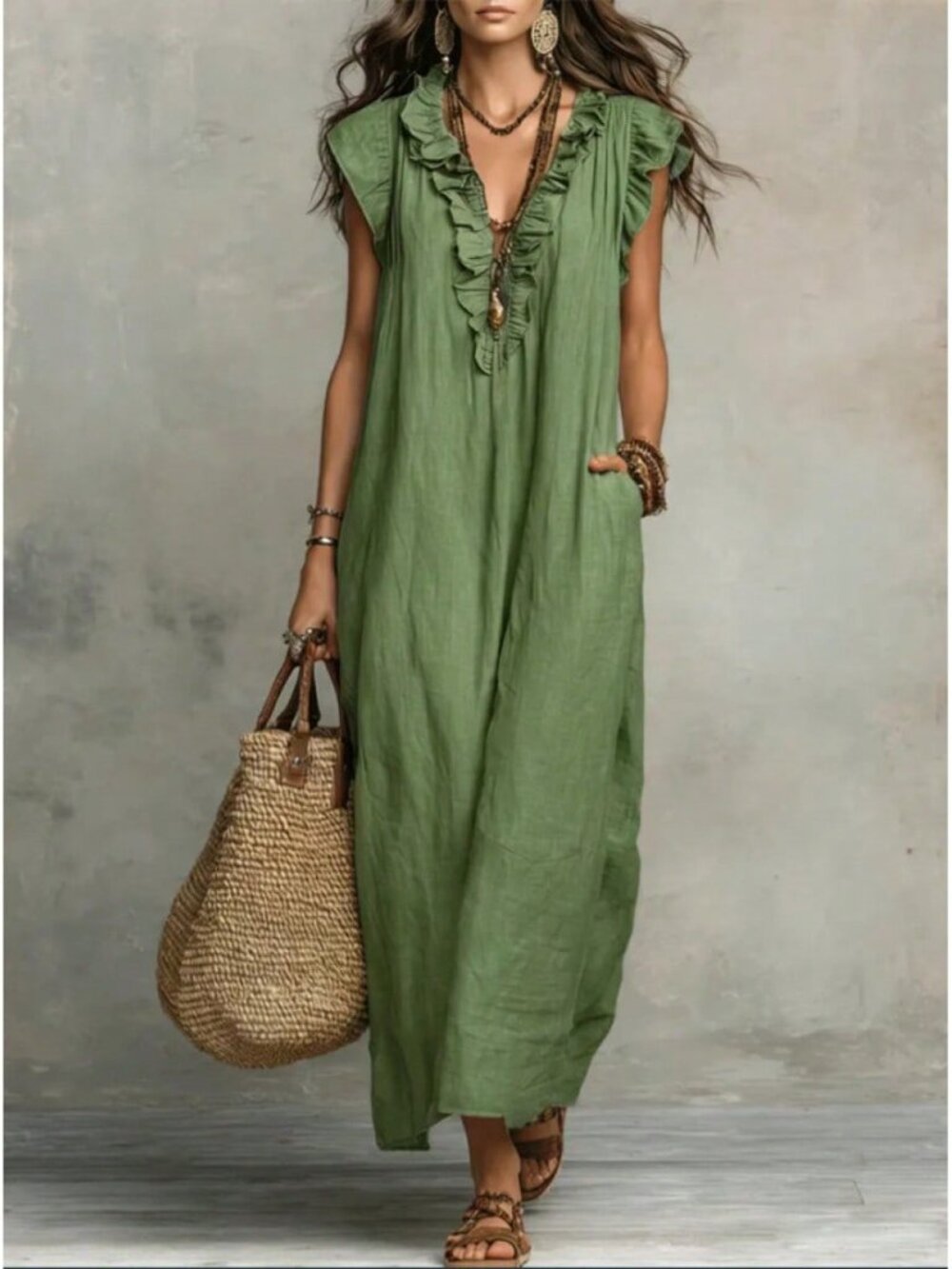 Army Green Bohemian Women's Flutter Sleeve Floor-Length Dress